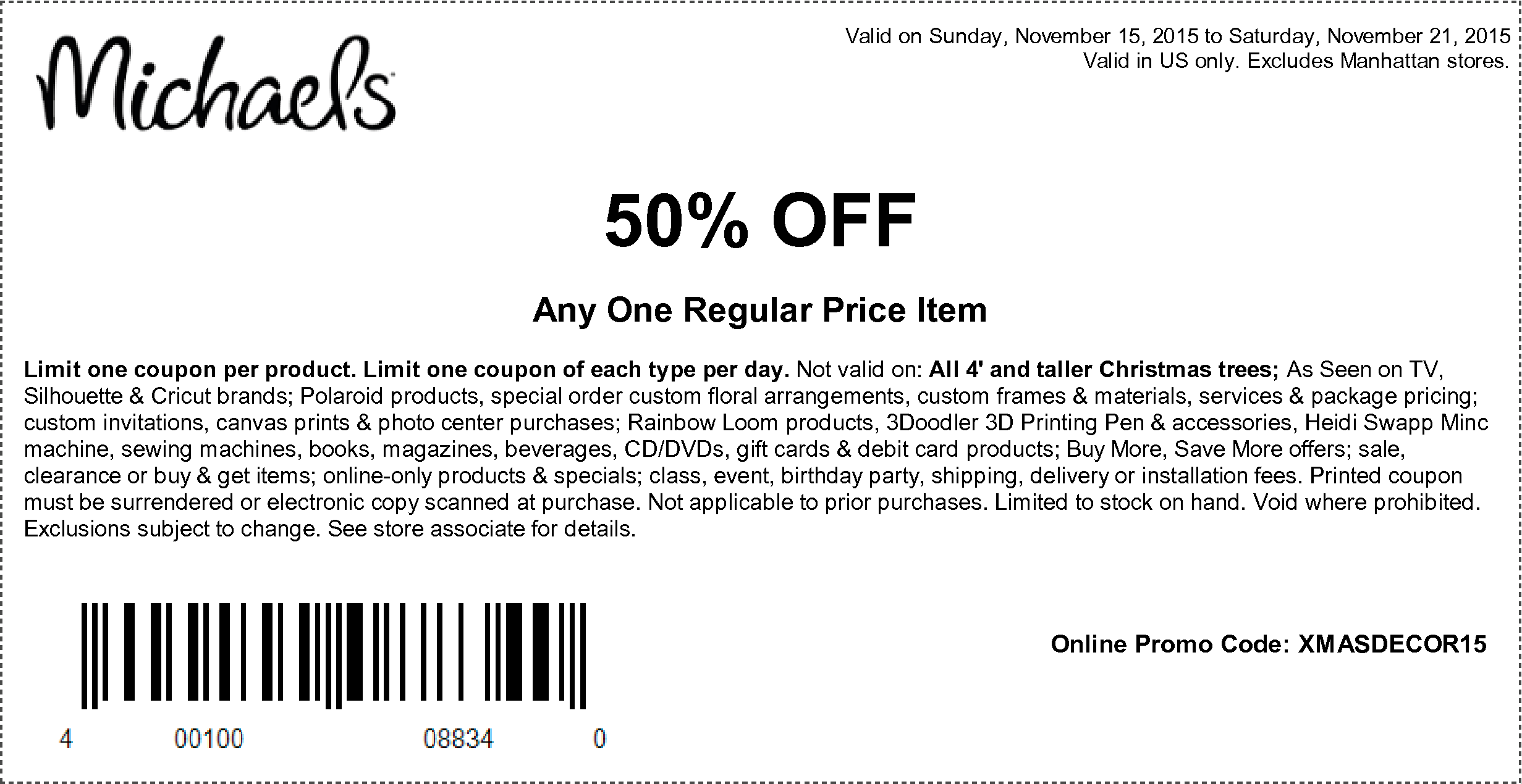 Michaels Coupon April 2024 50% off a single item at Michaels, or online via promo code XMASDECOR15