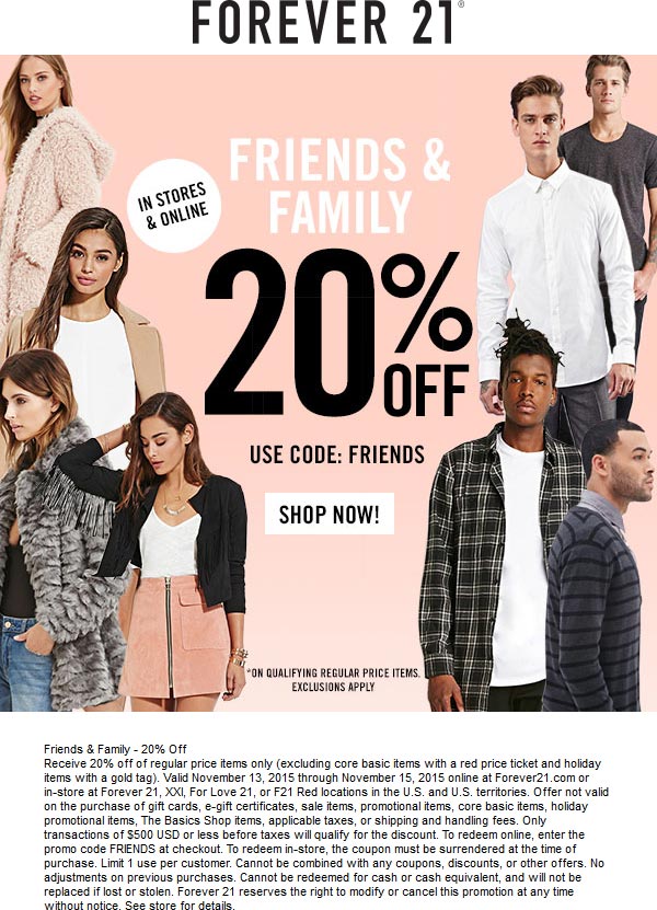 Forever 21 Coupon April 2024 20% off at Forever 21, , XXI, For Love 21, or F21 Red, or online via promo code FRIENDS