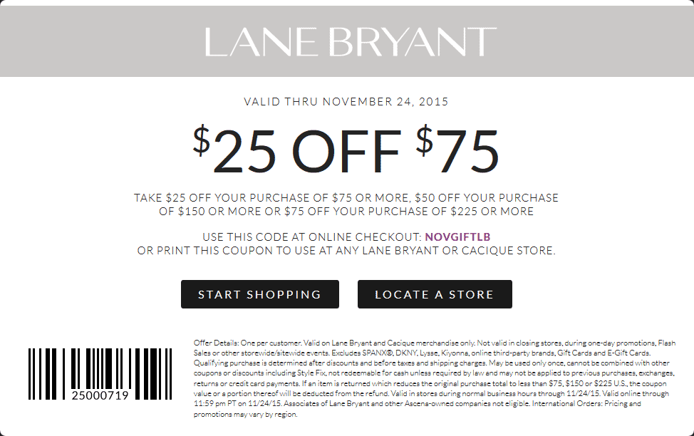 Lane Bryant Coupon April 2024 $25 off $75 at Lane Bryant, or online via promo code NOVGIFTLB