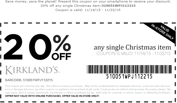 Kirklands Coupon April 2024 20% off a single Christmas item at Kirklands