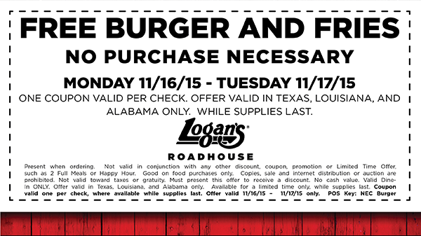 Logans Roadhouse Coupon April 2024 Free burger & fries at some Logans Roadhouse restaurants - no purchase necessary