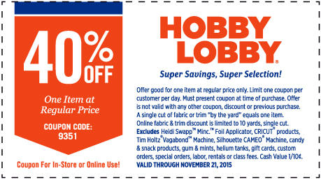 Hobby Lobby Coupon April 2024 40% off a single item at Hobby Lobby, or online via promo code 9351