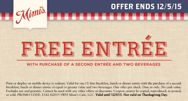 Mimis Cafe Coupon March 2024 Second entree free at Mimis Cafe