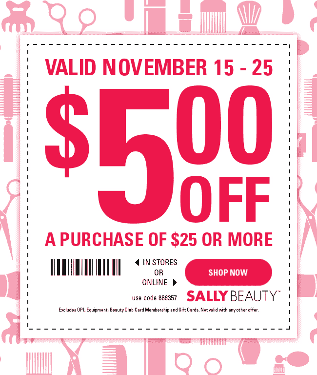 Sally Beauty Coupon April 2024 $5 off $25 at Sally Beauty supply, or online via promo code 888357