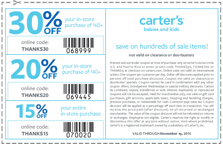 Carters Coupon April 2024 15-30% off at Carters, or online via promo code THANKS15