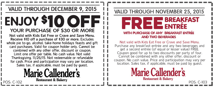 Marie Callenders Coupon March 2024 Second breakfast free or $10 off $30 at Marie Callenders restaurant & bakery