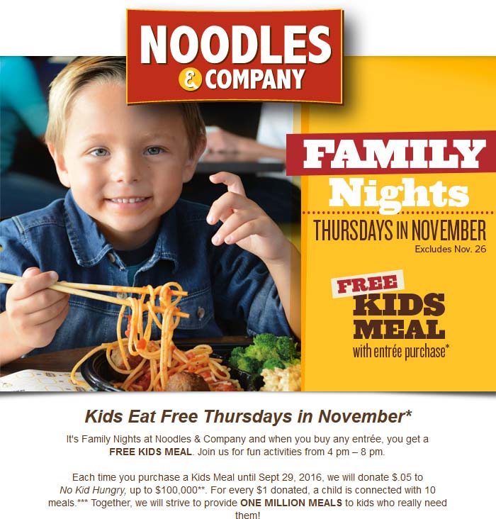 Noodles & Company Coupon April 2024 Kids eat free Thursday at Noodles & Company