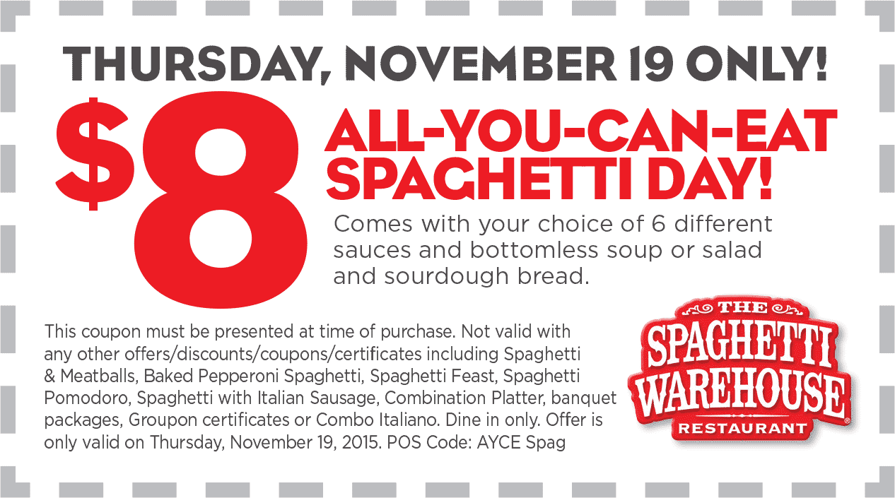 Spaghetti Warehouse Coupon March 2024 Bottomless spaghetti + soup or salad + sourdough for $8 today at Spaghetti Warehouse restaurants