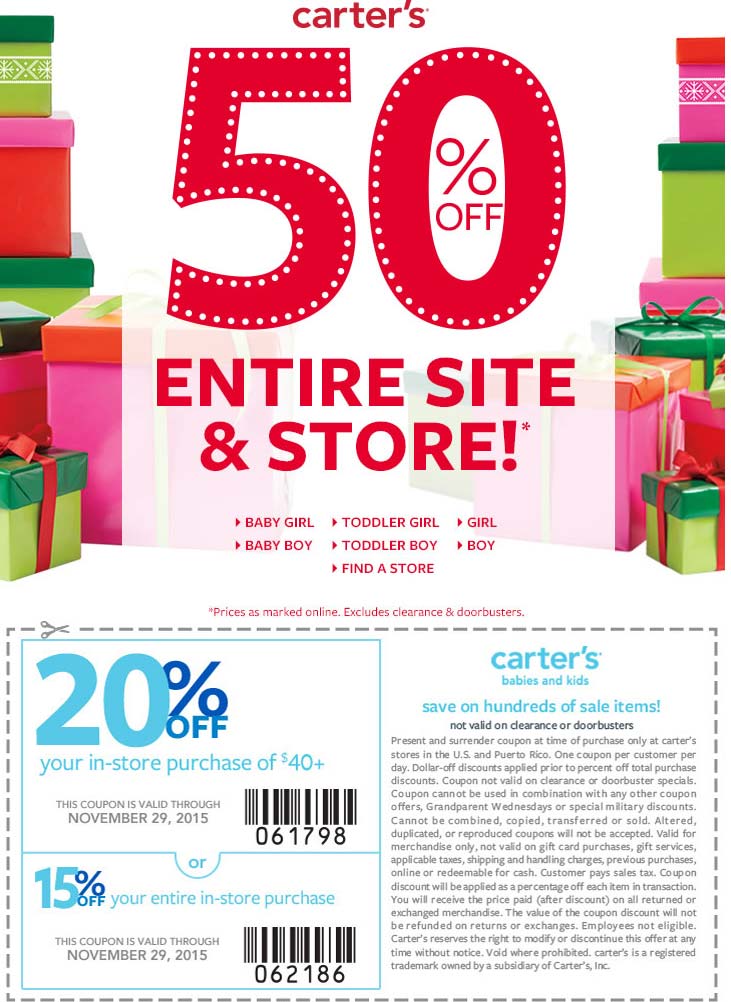 Carters Coupon April 2024 Extra 50% off everything + another 15-20% off at Carters