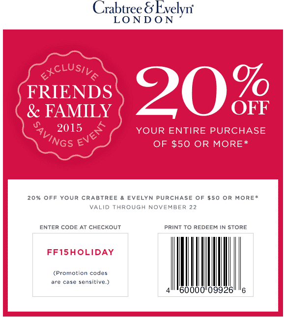 Crabtree & Evelyn Coupon April 2024 20% off $50 at Crabtree & Evelyn, or online via promo code FF15HOLIDAY