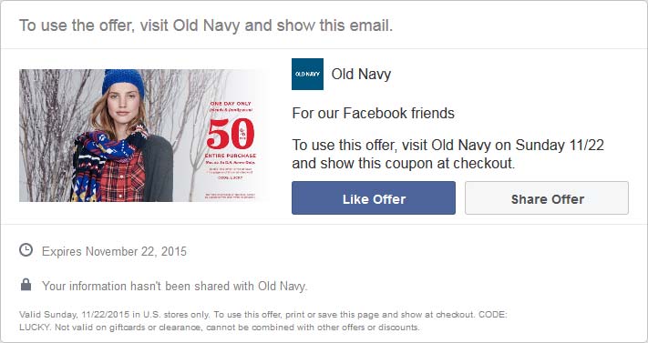 Old Navy Coupon March 2024 50% off everything Sunday at Old Navy