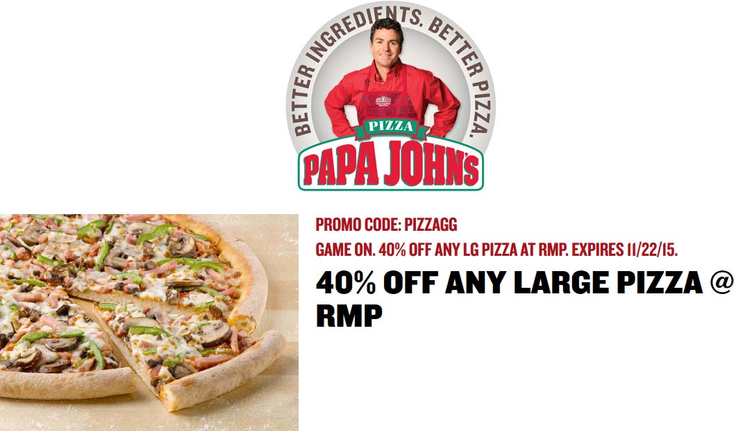 Papa Johns Coupon April 2024 40% off a large pizza at Papa Johns via promo code PIZZAGG