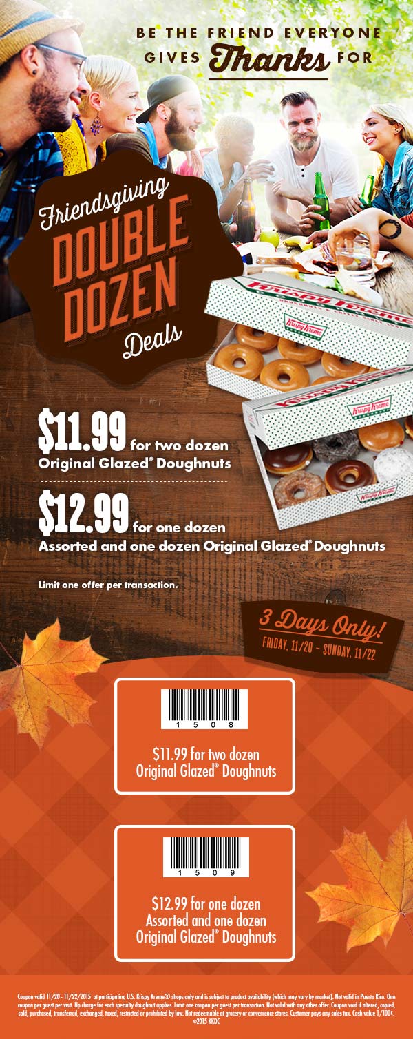 Krispy Kreme Coupon April 2024 $12 for two dozen glazed doughnuts today at Krispy Kreme