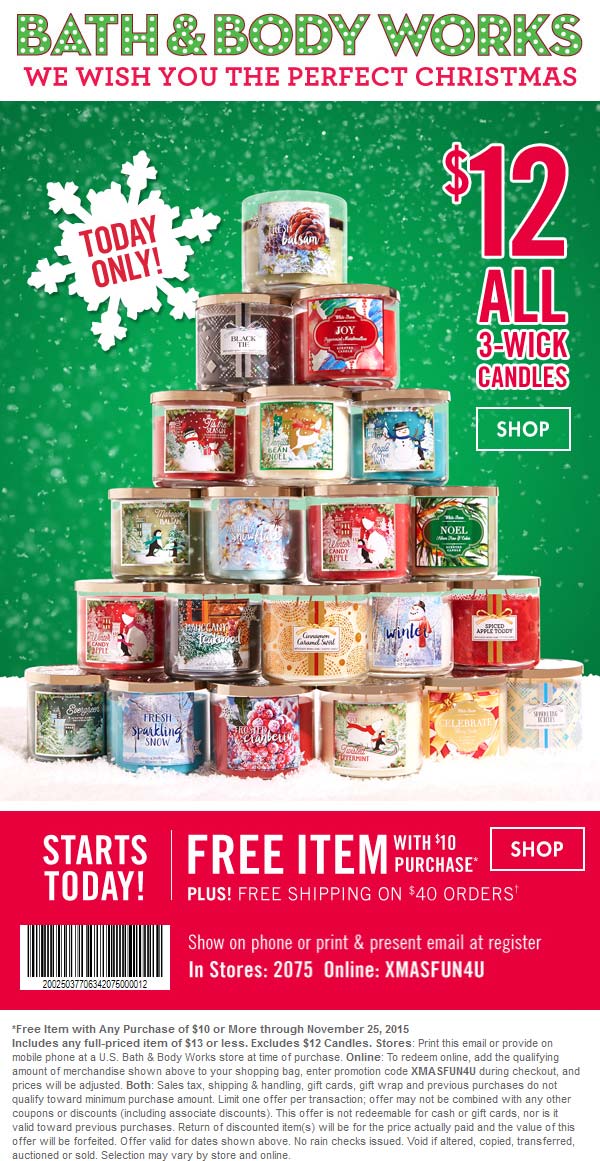Bath & Body Works Coupon April 2024 $13 item free with $10 spent at Bath & Body Works, or online via promo code XMASFUN4U