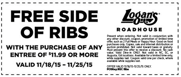 Logans Roadhouse Coupon March 2024 Free side of ribs with your entree at Logans Roadhouse