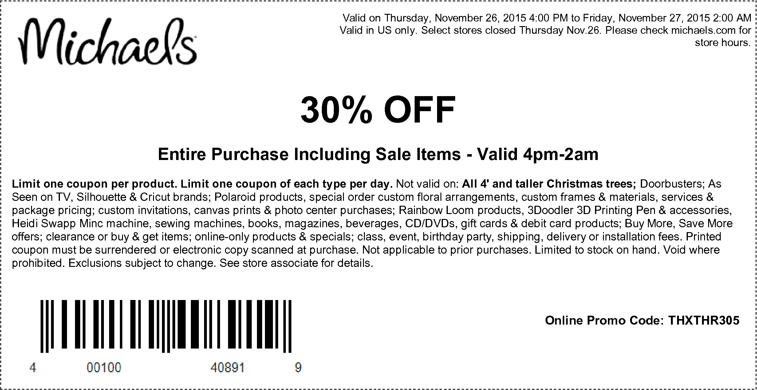 Michaels Coupon April 2024 30% off everything Thursday at Michaels, or online via promo code THXTHR305