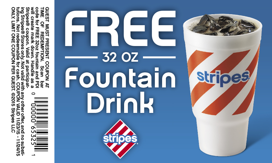 Stripes Coupon April 2024 32oz fountain drink free today at Stripes gas stations
