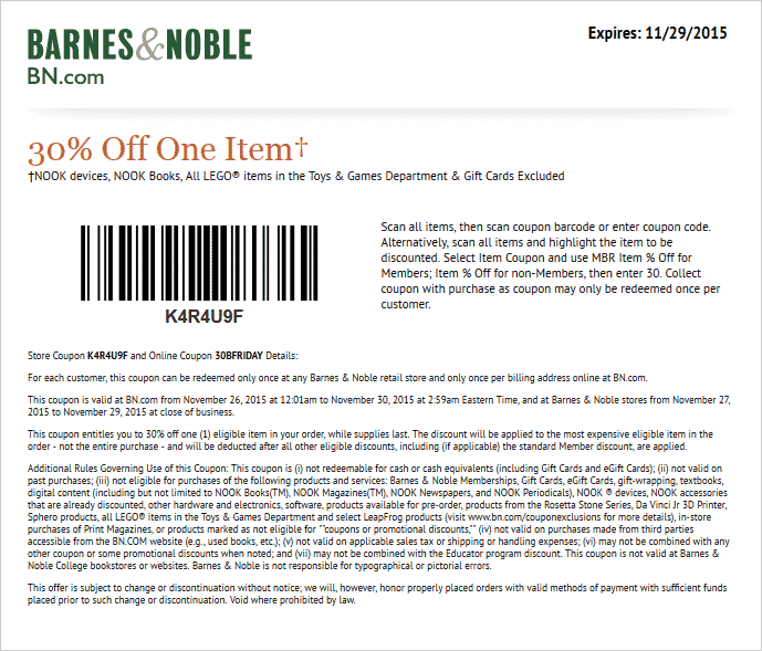 Barnes & Noble Coupon May 2024 30% off a single item at Barnes & Noble, or online via promo code 30BFRIDAY