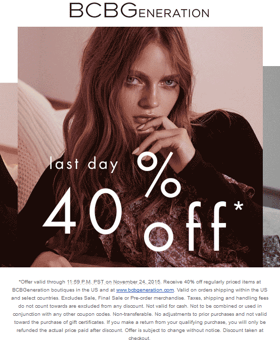 BCBG Coupon April 2024 40% off today at BCBG, ditto online
