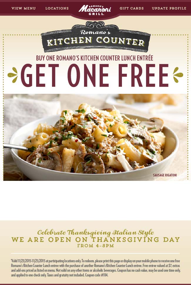 Macaroni Grill Coupon April 2024 Second lunch entree free at Macaroni Grill