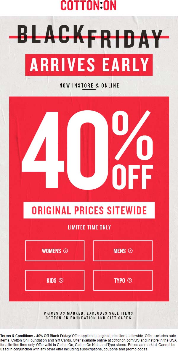 Cotton On Coupon April 2024 40% off at Cotton On, ditto online