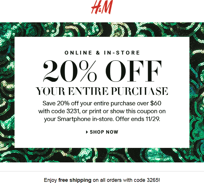 H&M Coupon April 2024 20% off $60 at H&M, or online via promo code 3231