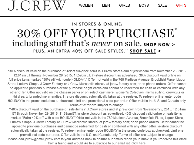 J.Crew Coupon April 2024 30% off at J.Crew, or online via promo code HOLIDAY