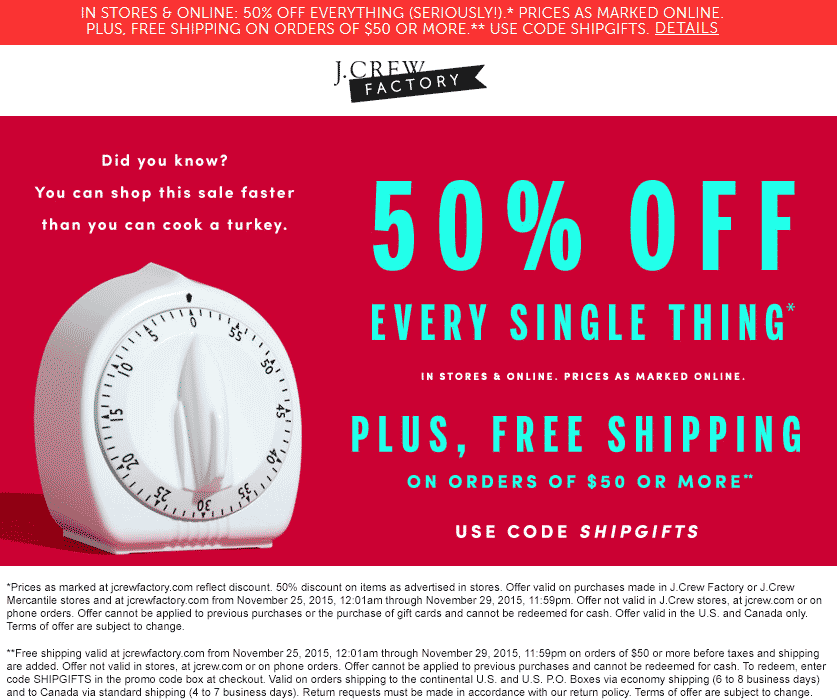 J.Crew Factory Coupon April 2024 Extra 50% off everything at J.Crew Factory, or online via promo code SHIPGIFTS