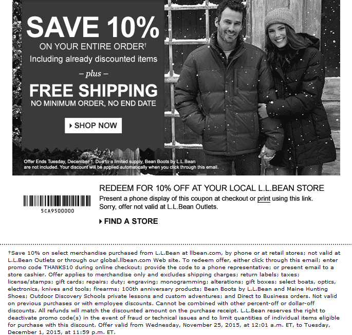 L.L. Bean Coupon April 2024 10% off everything at L.L. Bean, or online via promo code THANKS10