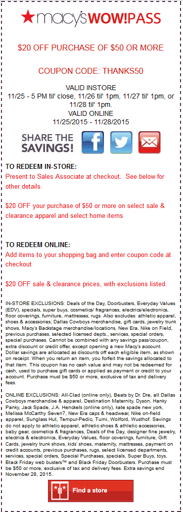 Macys Coupon April 2024 $20 off $50 at Macys, or online via promo code THANKS50