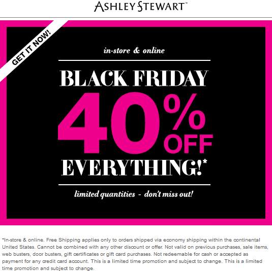Ashley Stewart Coupon April 2024 40% off everything today at Ashley Stewart, ditto online