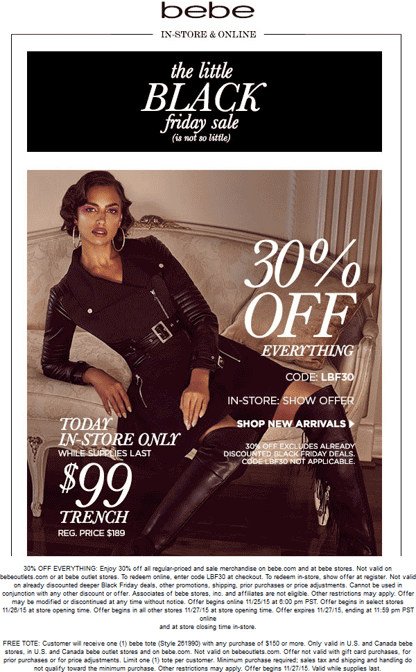 Bebe Coupon March 2024 30% off everything today at bebe, or online via promo code LBF30