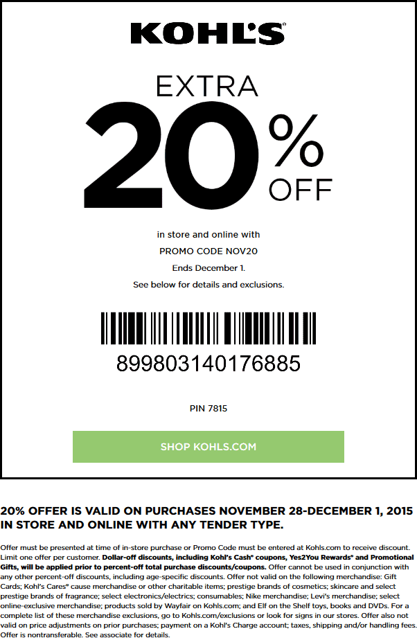 Kohls Coupon April 2024 Extra 20% off at Kohls, or online via promo code NOV20