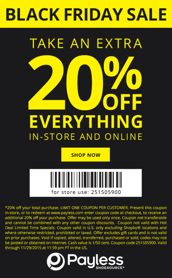 Payless Shoesource Coupon April 2024 20% off everything at Payless Shoesource, or online via promo code 251505900
