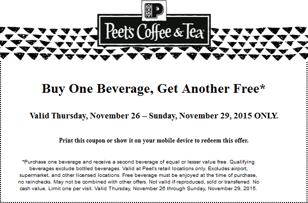 Peets Coffee & Tea Coupon April 2024 Second beverage free today at Peets Coffee & Tea