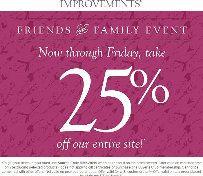 Improvements Coupon April 2024 25% off everything online at Improvements catalog via promo code MM6W619
