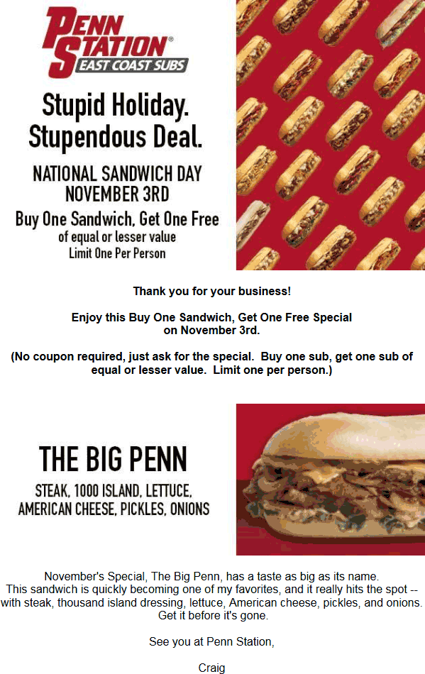 Penn Station Printable Menu