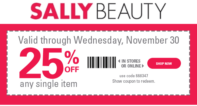 Sally Beauty Coupon April 2024 25% off a single item at Sally Beauty, or online via promo code 888347