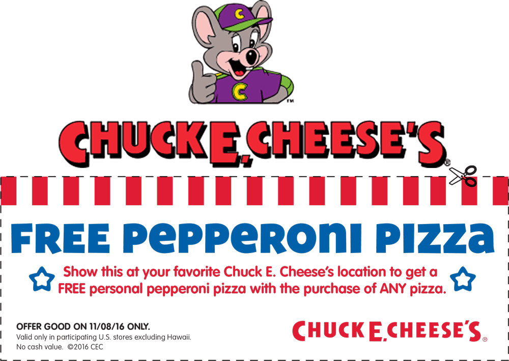 Chuck E. Cheese Coupon April 2024 Personal pepperoni free with any pizza Tuesday at Chuck E. Cheese