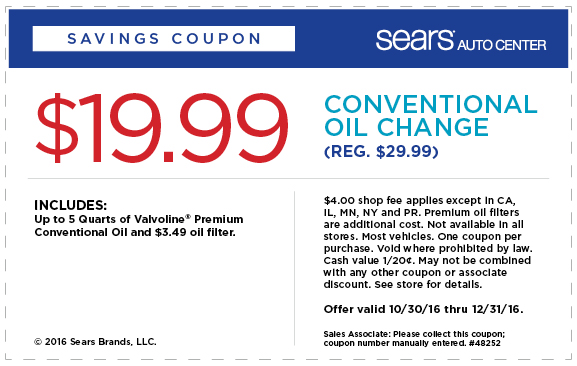 Oil Change Coupon April 2024 $20 oil change & filter at Sears Auto