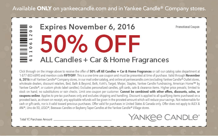 Yankee Candle Coupon April 2024 50% off candles & fragrances at Yankee Candle, or online via promo code FIFTYOFF