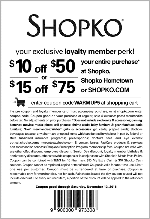 Shopko Coupon April 2024 $10 off $50 & more at Shopko, or online via promo code WARMUP5