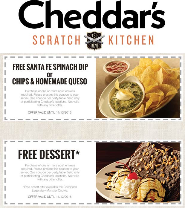 Cheddars Scratch Kitchen Coupon April 2024 Free queso or dessert with your entree at Cheddars Scratch Kitchen