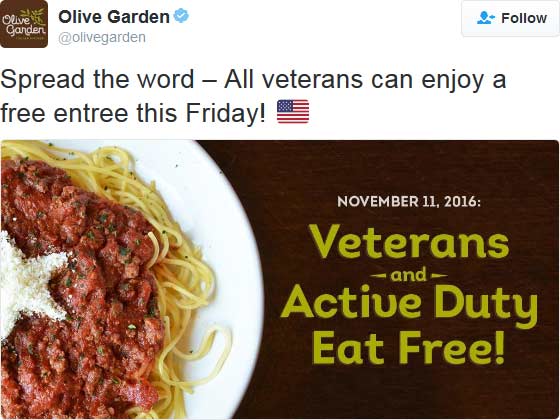 Olive Garden Coupon March 2024 Veterans enjoy a free entree Friday at Olive Garden
