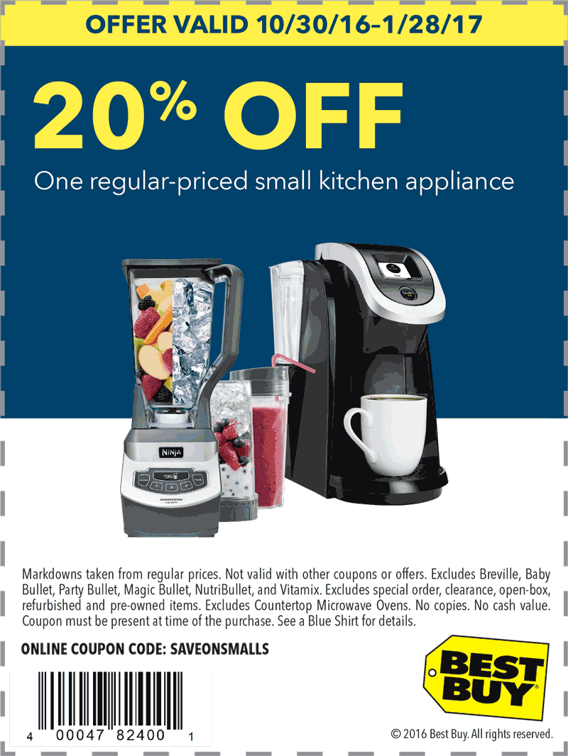 Best Buy Coupon April 2024 20% off a single small kitchen appliance at Best Buy, or online via promo code SAVEONSMALLS