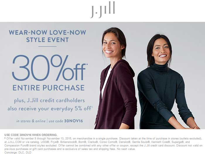 J.Jill Coupon April 2024 30% off at J.Jill, or online via promo code 30NOV16