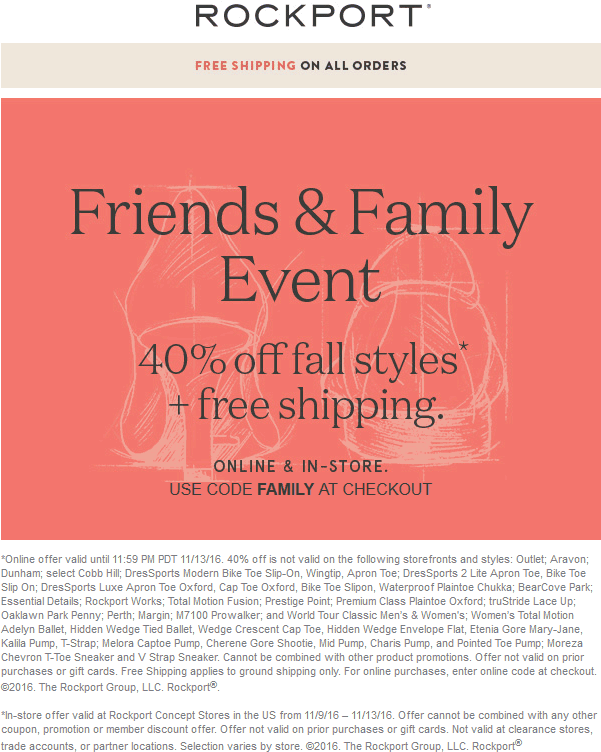 Rockport Coupon April 2024 40% off fall styles at Rockport, or online via promo code FAMILY