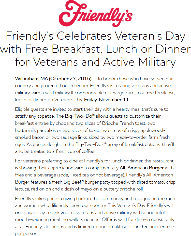 Friendlys Coupon April 2024 Veterans and actives enjoy a free meal today at Friendlys