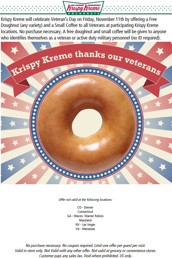 Krispy Kreme Coupon March 2024 Veterans enjoy a free doughnut & coffee today at Krispy Kreme
