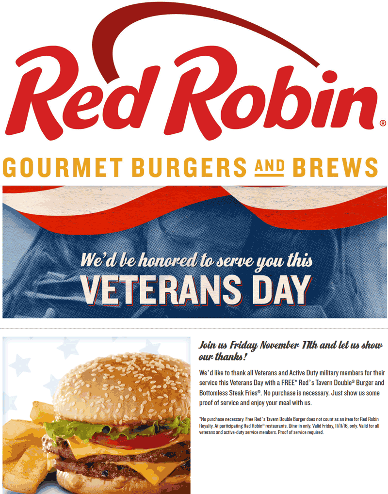 Red Robin Coupon April 2024 Military enjoy a free double burger & bottomless fries today at Red Robin